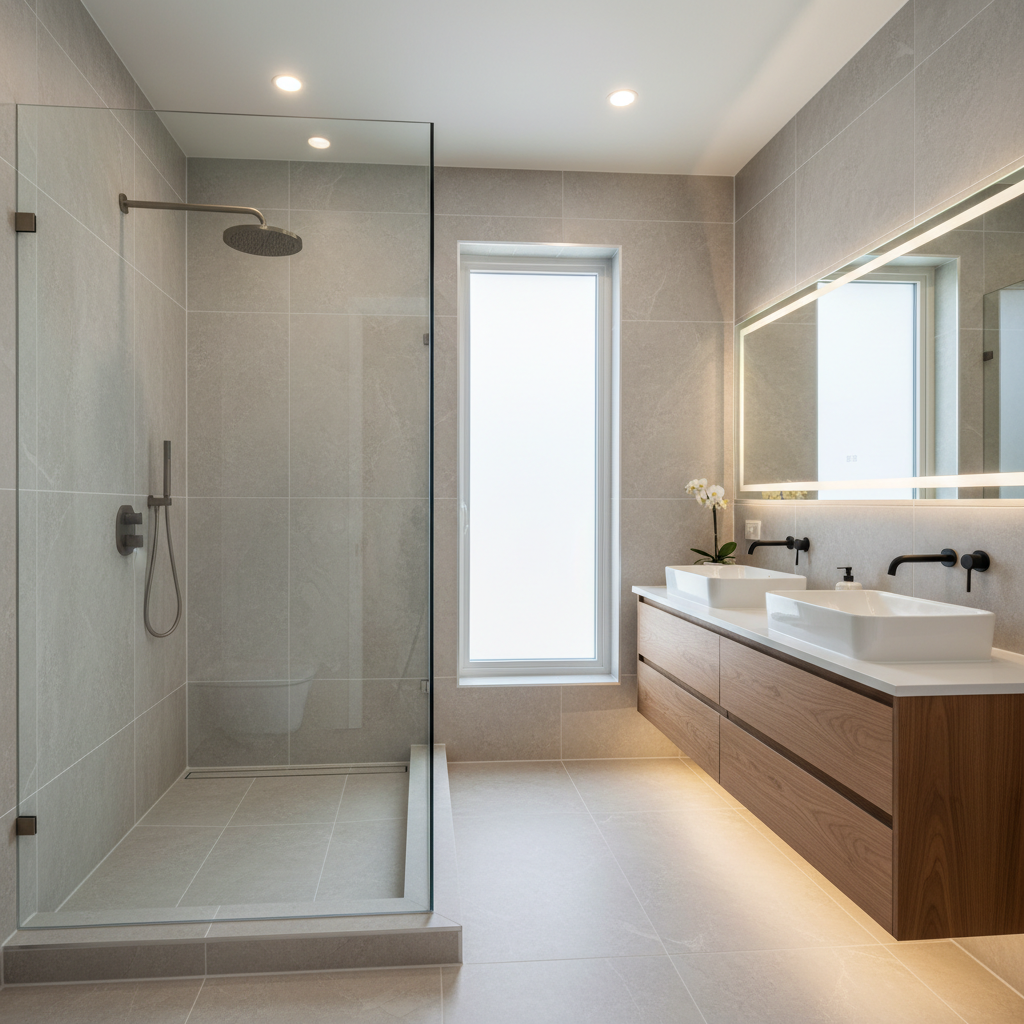 A luxurious, fully renovated bathroom featuring a large frameless glass walk-in shower with a linear drain, wall-mounted rain showerhead, and large-format porcelain tiles in soft stone-gray. A floating vanity with a warm walnut finish supports a white rectangular vessel sink and matte black single-handle faucet, beneath a backlit, fog-free mirror. Recessed ceiling lights and a slim LED strip under the vanity create layered, even illumination, while a frosted window diffuses natural light for privacy. The scene is captured from a slightly elevated corner angle with sharp focus, emphasizing the seamless tile work, clean grout lines, and precise caulking. The atmosphere is serene, spa-like, and meticulously organized, rendered in crisp photographic realism to highlight professional bathroom remodeling quality.