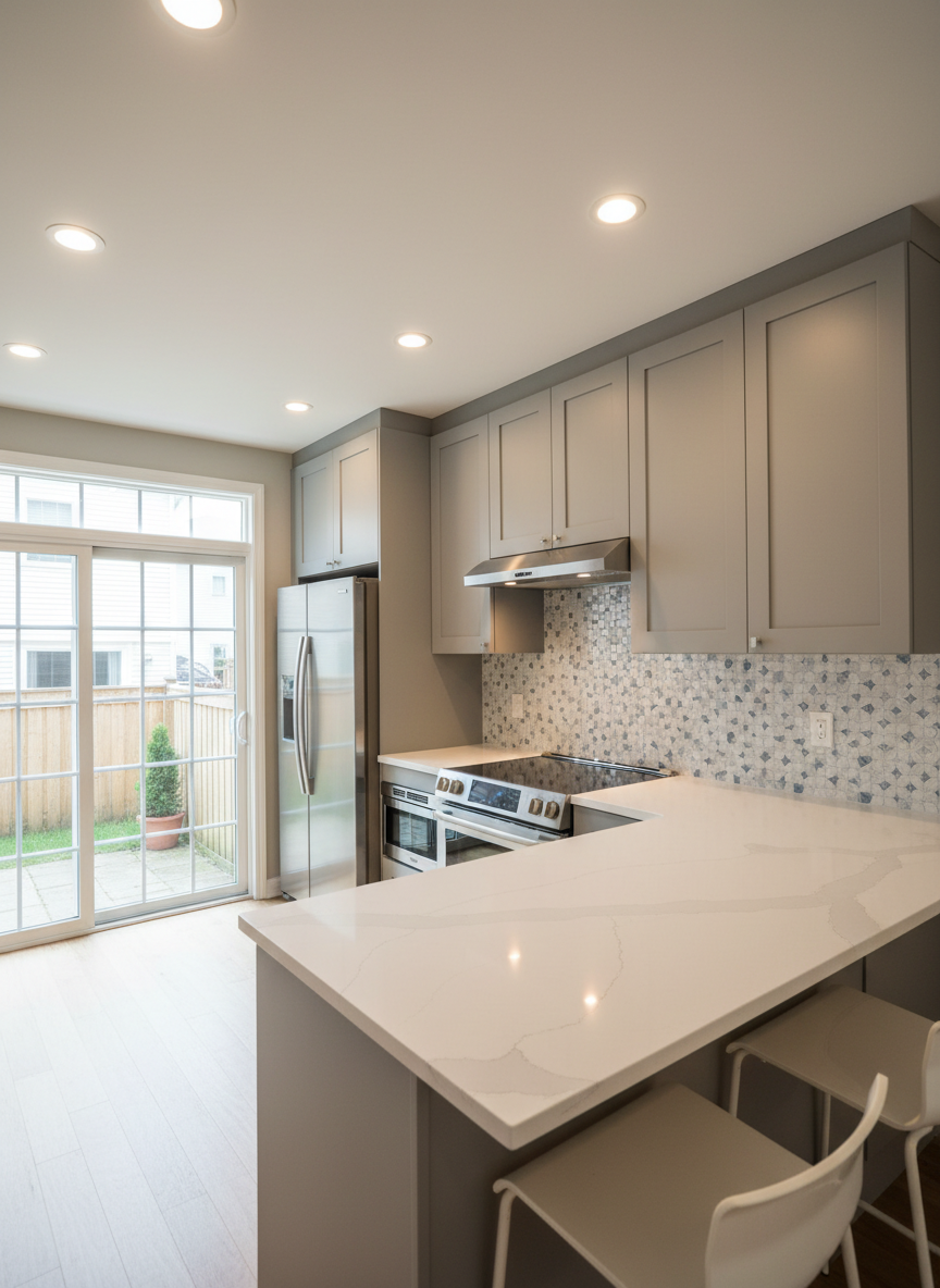 A compact yet efficiently remodeled Central NJ townhouse kitchen, with soft gray flat-panel cabinets reaching the ceiling, a sleek white quartz countertop, and a carefully fitted stainless-steel appliance suite. A small peninsula with an overhang for seating defines the space, while a geometric patterned tile backsplash adds personality without overwhelming. Daylight enters through a nearby sliding glass door, supplemented by recessed LED ceiling lights that create even, shadow-free illumination on work surfaces. Shot from a slightly elevated, wide-angle perspective, the photograph captures how the layout maximizes storage and circulation in a tight footprint. The mood is smart, functional, and approachable, demonstrating practical, real-world remodeling solutions in clean photographic realism suited to busy Central NJ homes.