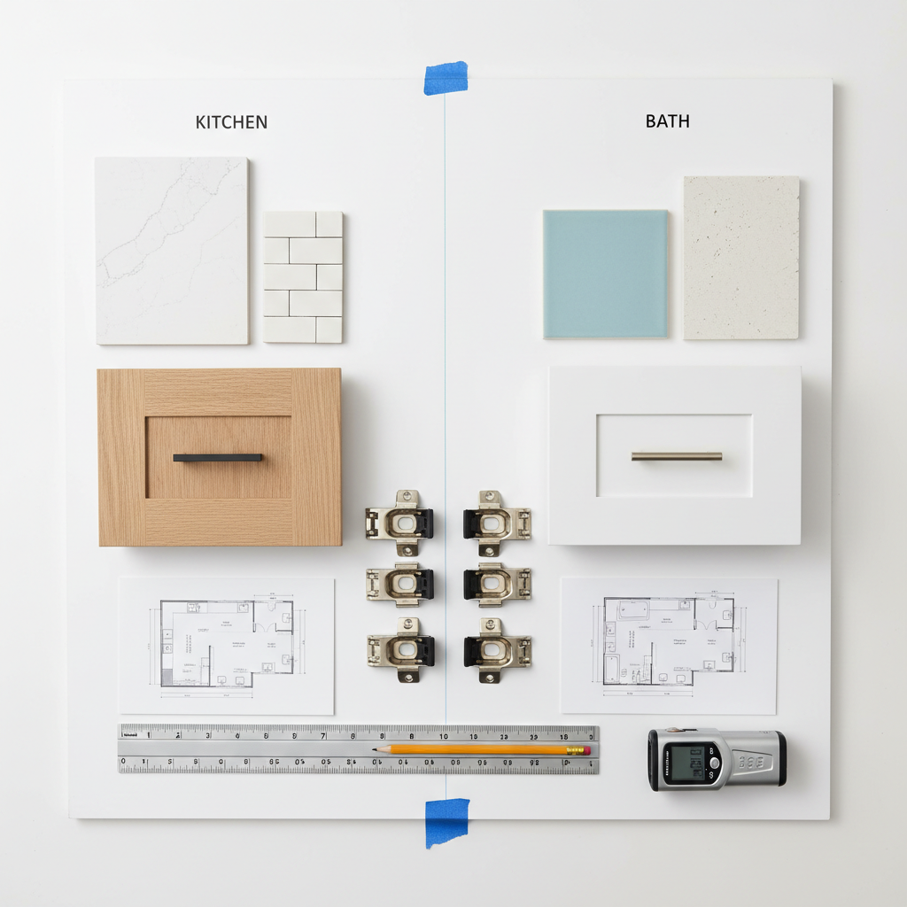 A split-view remodeling concept board laid out on a clean white drafting table, featuring material samples for a coordinated kitchen and bath renovation. Neatly arranged quartz countertop swatches, matte ceramic tile pieces, soft-close hinge hardware, cabinet door samples in white and light oak, and printed floor plans are carefully organized. A metal contractor’s ruler, sharpened carpenter’s pencil, and a precise digital laser measuring tool rest alongside the plans, suggesting active project planning. Soft overhead studio lighting casts minimal shadows, ensuring every texture and color reads clearly. Photographed from a directly overhead, bird’s-eye perspective with crisp focus across the entire frame, the image conveys organization, professionalism, and thoughtful design in a realistic, modern aesthetic for a remodeling company’s website.