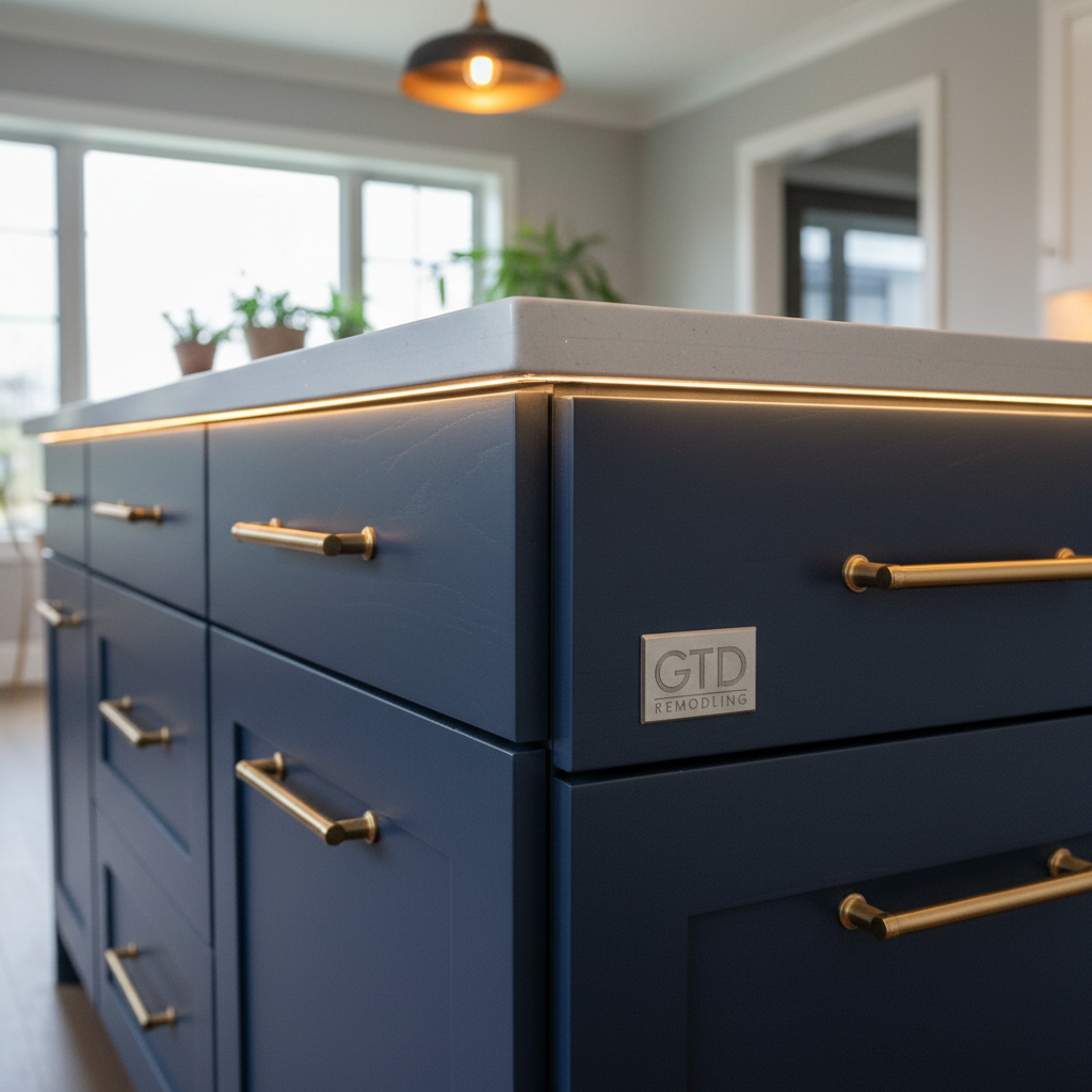A detailed close-up of a custom-built kitchen island corner, showcasing flawless mitered quartz edges, smooth satin-finish navy cabinetry, and precisely aligned brushed brass hardware. The camera focuses tightly on the intersection of countertop, cabinet door, and drawer front, revealing the fine grain of the painted wood and the subtle sparkle in the quartz. Soft, diffused under-cabinet lighting above and warm ambient ceiling light create gentle highlights along the edges, emphasizing craftsmanship and material quality. The background is softly blurred with a shallow depth of field, hinting at a well-appointed kitchen beyond. The mood is confident and professional, with a photographic realism style that spotlights GTD Remodeling’s attention to detail and premium finish work.