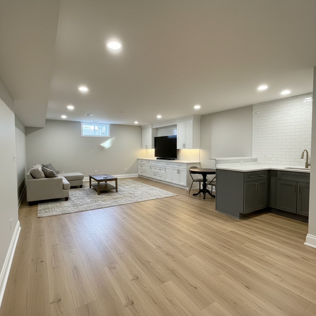 A beautifully finished basement remodel converted into a multi-use family space, with light oak luxury vinyl plank flooring, smooth light-gray walls, and meticulously trimmed white baseboards. Built-in cabinetry along one wall houses media equipment, while a quartz-topped wet bar with subway tile backsplash occupies the adjacent corner. Recessed LED lighting in a smooth, low ceiling provides even, glare-free illumination, with a single small egress window bringing in a touch of natural light. Captured from a wide-angle, eye-level perspective, the composition shows clear, uncluttered floor space, clean lines at every corner, and seamless transitions between flooring and walls. The mood is inviting yet practical, emphasizing added livable square footage through professional remodeling in clean photographic realism.